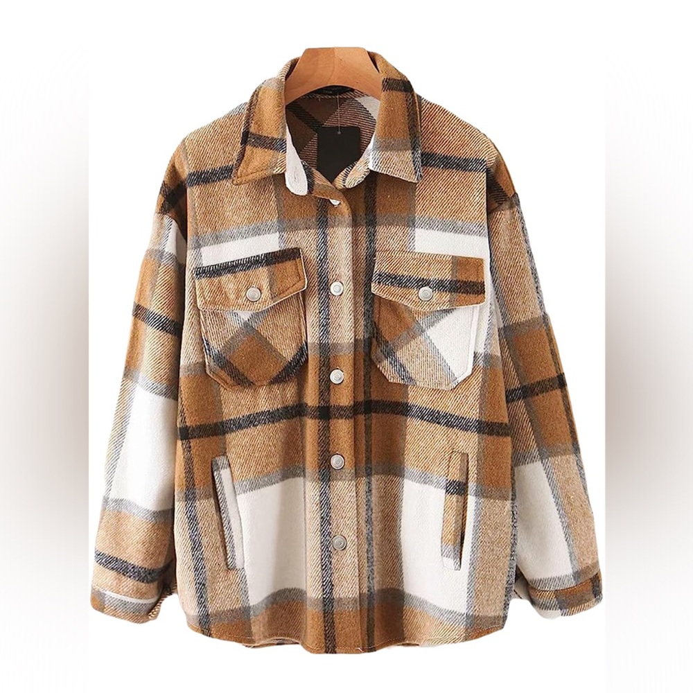 Womens Casual Wool Blend Plaid Flannel Shacket Button Down Shirt Coat Size M